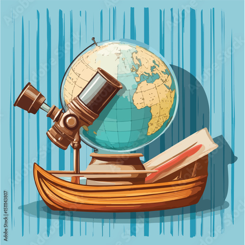 Vintage Earth Globe, Old Caravel, and Spyglass Illustration for Exploration and Discovery Concepts