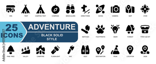 Bold and simple solid-style icons representing essential outdoor and travel elements. Great for product labels,adventure branding,and camping merchandise. Features campfire,camera,road,tree,jacket,and
