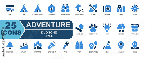 Duotone vector icons designed for forest adventures,nature exploration,and wilderness guides. Includes deer,forest,first aid kit,pine tree,destination,and mountain peak. Ideal for educational content,