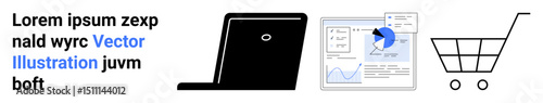 Laptop beside analytics dashboard and shopping cart symbolizing online shopping, data analysis, ecommerce trends. Ideal for business, ecommerce, marketing, analytics, technology, startups simple
