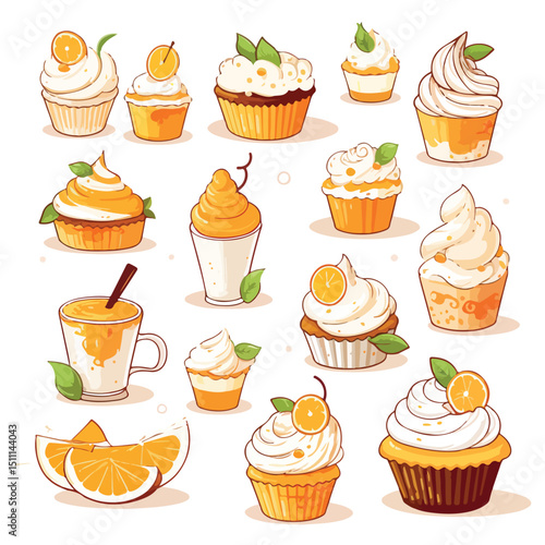 Elegant Vector Illustration of Orange Desserts in Thin Lines for Graphic Designs