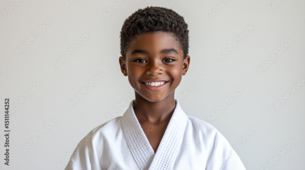 Smiling boy in white karate uniform, hands behind back, generative ai Smiling boy in white karate uniform, hands behind back, generative ai