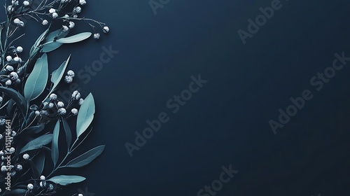 Dark blue backdrop with sprigs of greenery