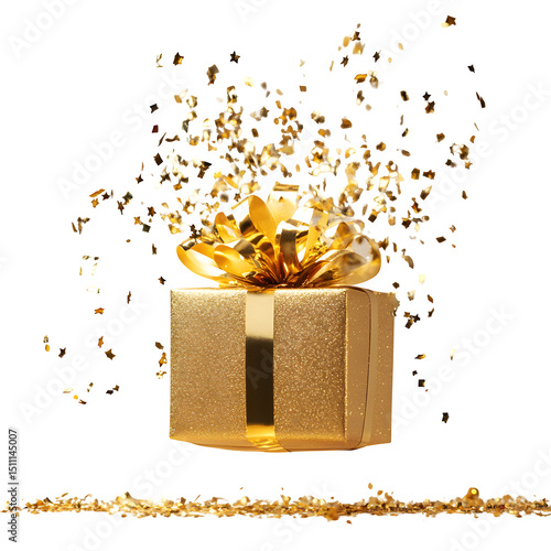 Golden gift box with confetti, cut out