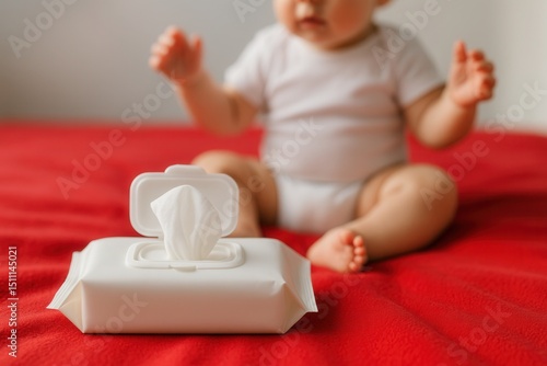 Baby wipes package on red blanket with playing baby in background