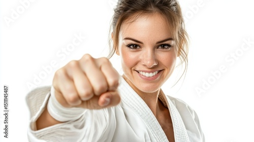 Smiling woman in white karate gi, waist-up, performing a basic punch, generative ai