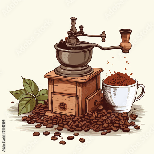 Professional Coffee Grinder with Fresh Coffee Beans and Leaves Background Image