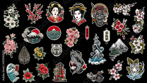 Japanese culture element vector design Stickers Pack: Seamless vector of geisha portrait, blossom tree, Japanese mask, and Japan landmarks that shows authentic Japanese symbol and tradition elements