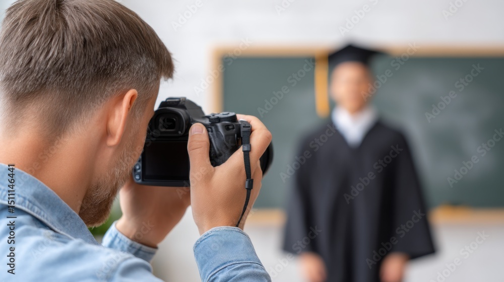 Photographer taking picture of graduate in classroom, in front of chalkboard, blurred background. Photographer taking picture of graduate in classroom, in front of chalkboard, blurred background.