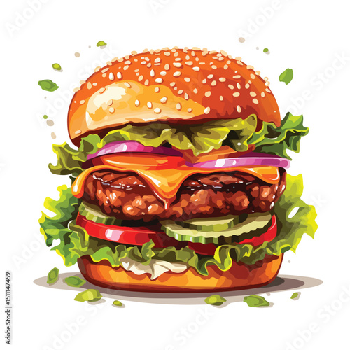 Delicious Gourmet Burger Meal with Fresh Meat Stack Isolated on White Background