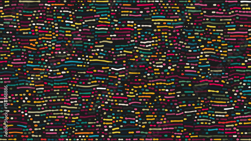 Colorful artistic pattern with vibrant colors and horizontal strokes and scattered dots. Digital abstract pattern with vibrant colorful flowing lines and spots in creative flow. Vector background