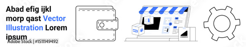 Wallet, web storefront, and gear highlight online shopping, digital payments, and technology integration. Ideal for e-commerce, finance, innovation, platforms online tools process simple landing