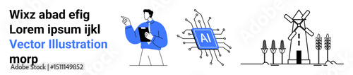 Man holding tablet, AI chip representing digital innovation, and windmill with crops reflecting sustainability. Ideal for tech, AI, renewable energy, innovation, future concepts, eco-tech simple
