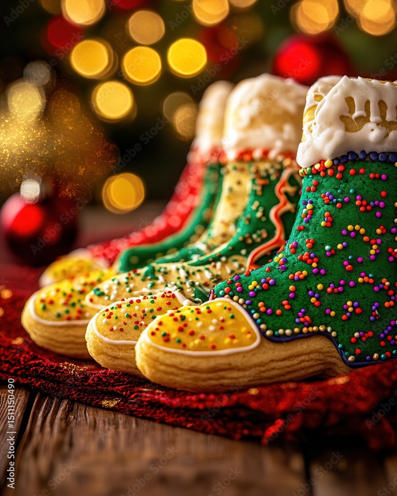 Naklejka premium Colorful gingerbread Christmas boots decorated with sprinkles on a festive table setting