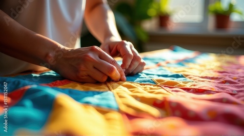Crafting a colorful handmade quilt in sunlit room.