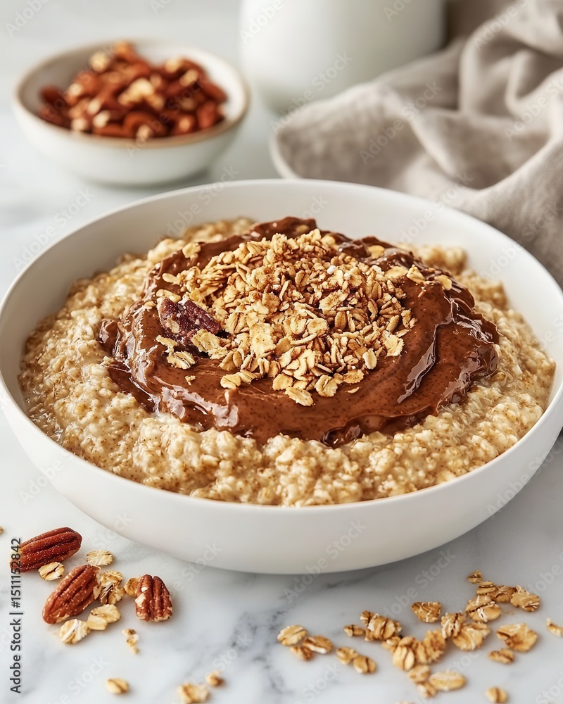 Creamy oatmeal topped with nut butter and granola, served with pecans in the background Creamy oatmeal topped with nut butter and granola, served with pecans in the background