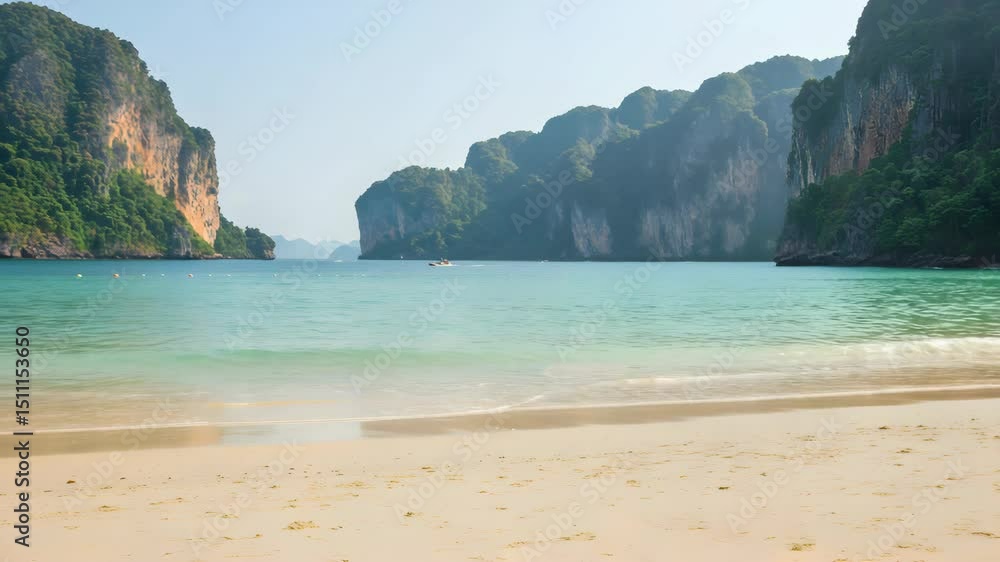 Azure Water Meets Sandy Shoreline with Towering Green Cliffs in Tropical Beach Landscape Azure Water Meets Sandy Shoreline with Towering Green Cliffs in Tropical Beach Landscape