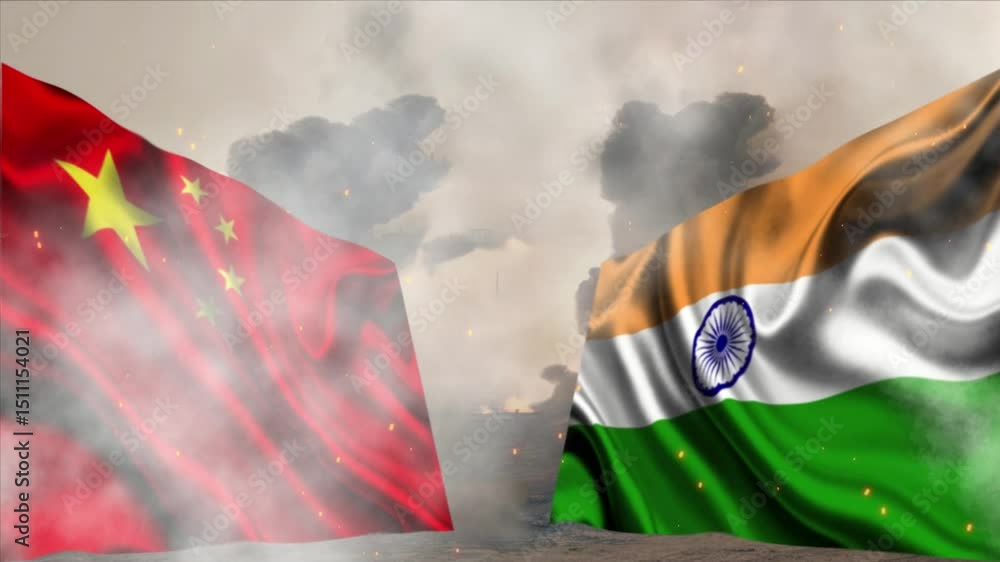 4k conflict or war between China, and India 3d flag waving in the loop and animation on Burning Red Hot Sparks, Fire Glowing Particles on Smoky Red Background, Disaster, nuclear war in two countries