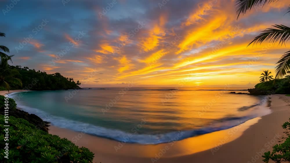 Dramatic Sky at Sunrise Over Tropical Beach with Lush Greenery and Golden Reflections Panoramic Seascape Dramatic Sky at Sunrise Over Tropical Beach with Lush Greenery and Golden Reflections Panoramic Seascape