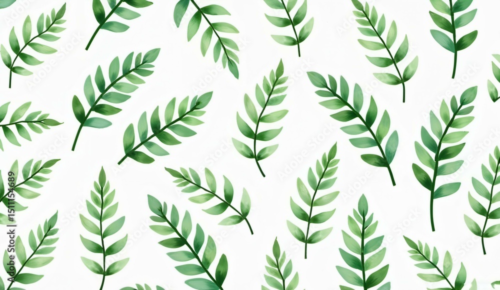Obraz premium Watercolor Green Leaf Pattern on White Background