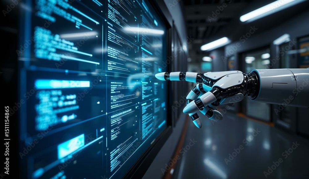 Fototapeta premium Robotic Hand Interacting with a Digital Interface in a Futuristic Corridor