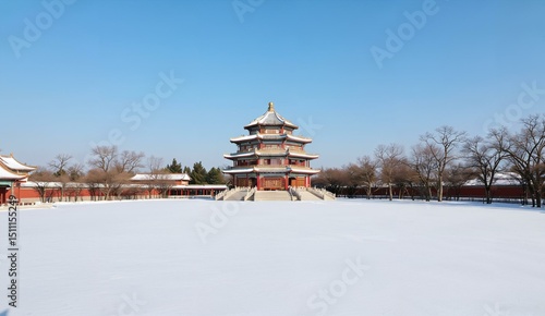 Wallpaper Mural Traditional multi-tiered pagoda surrounded by snow under a clear blue sky Torontodigital.ca
