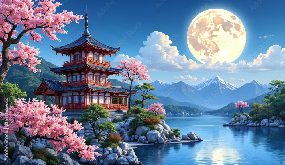 Obraz premium Traditional Japanese Pagoda Amidst Cherry Blossoms and a Serene Lake Under a Full Moon