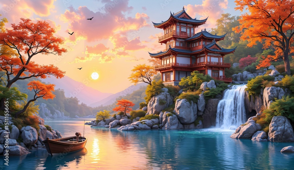Obraz premium Traditional Asian Pagoda by a Serene Lake at Sunset