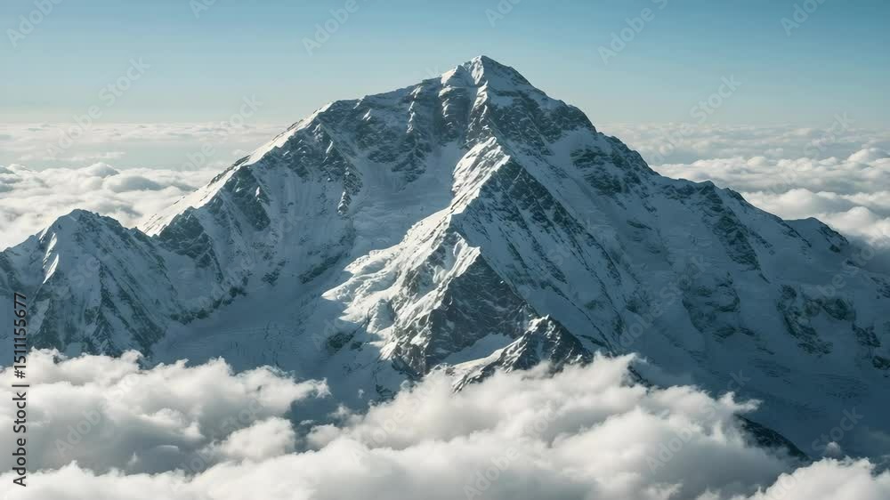 Snow Capped Mountain Peak Above White Clouds Against a Clear Blue Sky Detailed Landscape Snow Capped Mountain Peak Above White Clouds Against a Clear Blue Sky Detailed Landscape