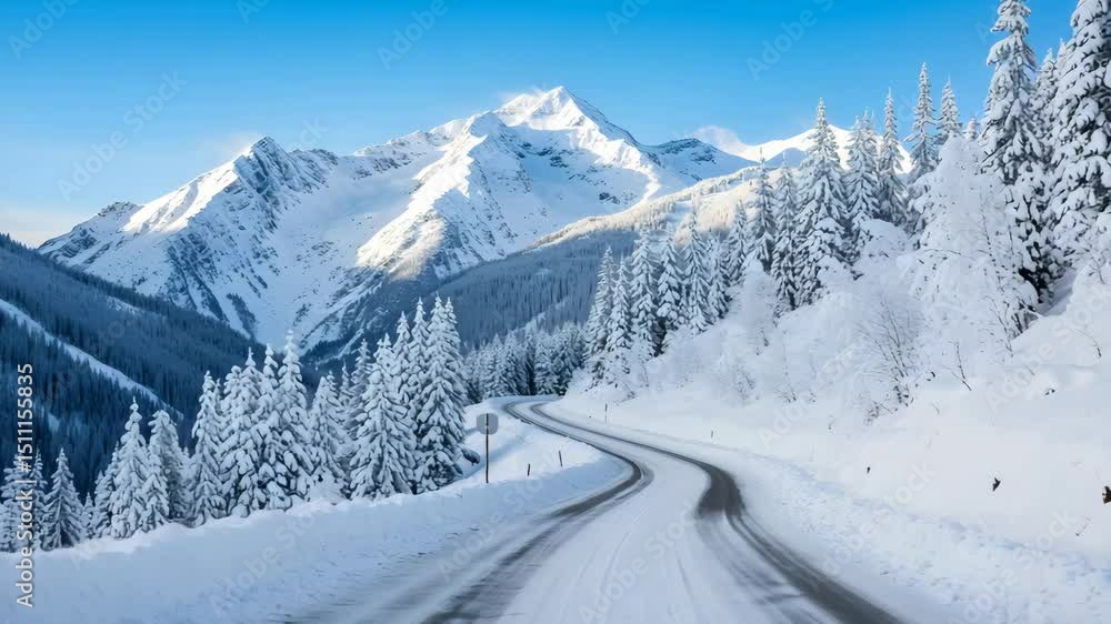 Snowy Mountain Vista with Winding Road Through Frost Covered Pine Trees Under a Clear Blue Sky on a Bright Winter Day Landscape Snowy Mountain Vista with Winding Road Through Frost Covered Pine Trees Under a Clear Blue Sky on a Bright Winter Day Landscape