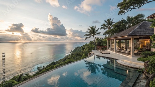 Luxury Villa Infinity Pool Overlooking the Ocean at Sunset in Tropical Paradise