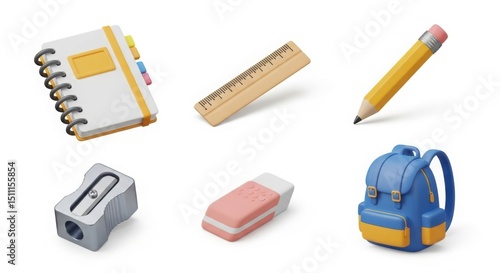 A set of 6 3D icons of school supplies notebook, ruler, pencil, sharpener, eraser, and backpack