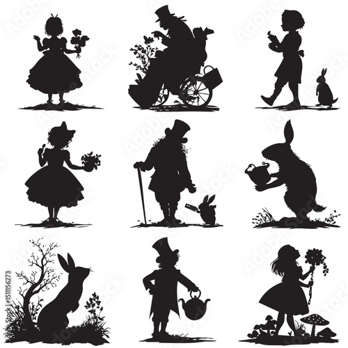 alice in wonderland silhouette set, Black silhouette