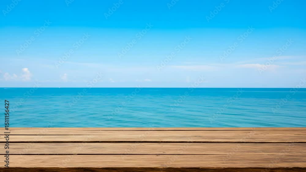 Turquoise Sea and Blue Sky View From Weathered Wooden Deck Under Bright Daylight Turquoise Sea and Blue Sky View From Weathered Wooden Deck Under Bright Daylight