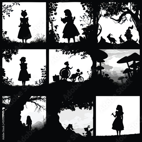alice in wonderland silhouette set, Black silhouette