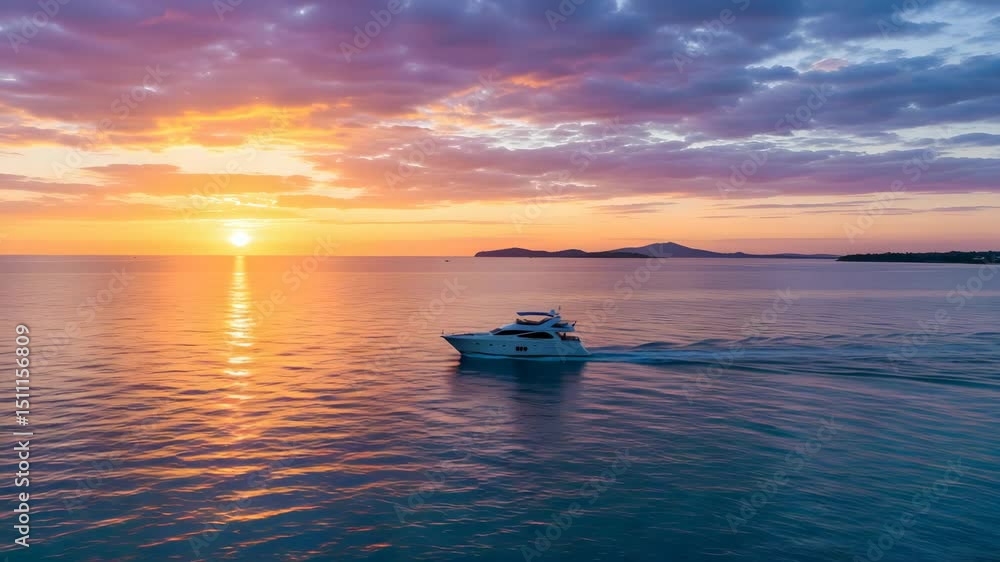 White Yacht Sailing on Ocean at Sunset with Vibrant Orange Sky Fluffy Clouds Distant Buildings and Reflective Water White Yacht Sailing on Ocean at Sunset with Vibrant Orange Sky Fluffy Clouds Distant Buildings and Reflective Water
