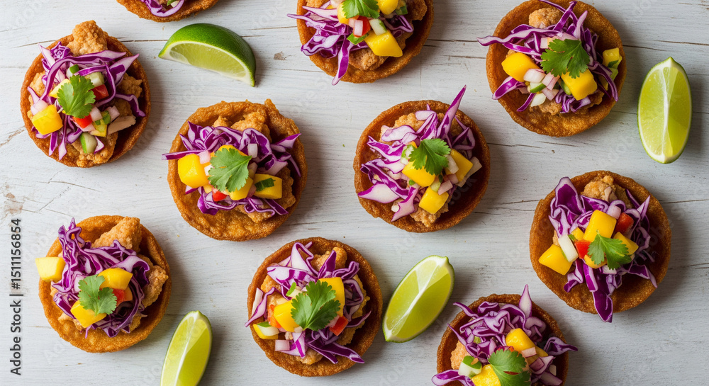 A top-down view of mini tostadas topped with shredded purple cabbage, diced mango, and cilantro, with lime wedges on the side A top-down view of mini tostadas topped with shredded purple cabbage, diced mango, and cilantro, with lime wedges on the side
