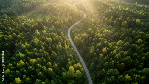 Winding Road Through Green Forest at Sunset Aerial View with Golden Sunlight and Dense Tree Canopy