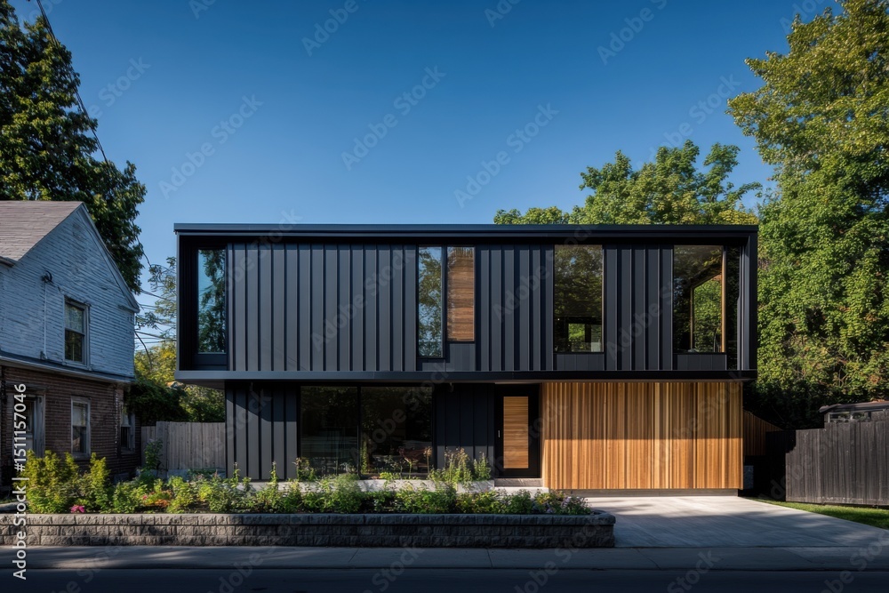 Obraz premium Modern architectural design showcases a striking black and wood house with large windows, surrounded by greenery on a sunny day in a residential neighborhood