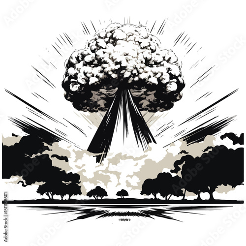 Illustration of Nuclear Bomb Explosion in Military Force Line Block Background