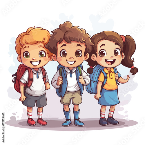 Colorful Cartoon Illustration of Diverse School Kids Standing Together as Friends
