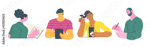 Writing people, modern flat vector concept illustrations set people writing on paper or device. Metaphor for reflection, insight, contemplation, creative expression