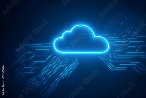 Futuristic vector illustration of cloud computing on a glowing blue circuit board background digital cloud icon connected to circuit lines representing data