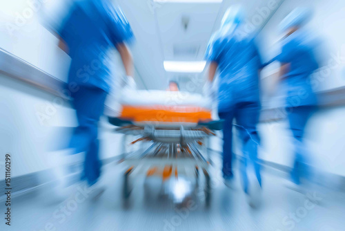 healthcare team rushing a hospital bed through corridor for emergency surgery or medical crisis motion blur on stretcher wheels and nurse shoes professional