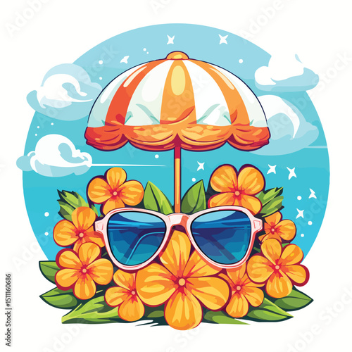 Summer Time Beach Scene with Beach Ball, Hat, Sunblock, and Bronzer in Vector EPS Format