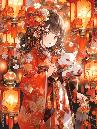 Anime illustration of young girl in red kimono holding white cat, red lanterns, Japanese culture.