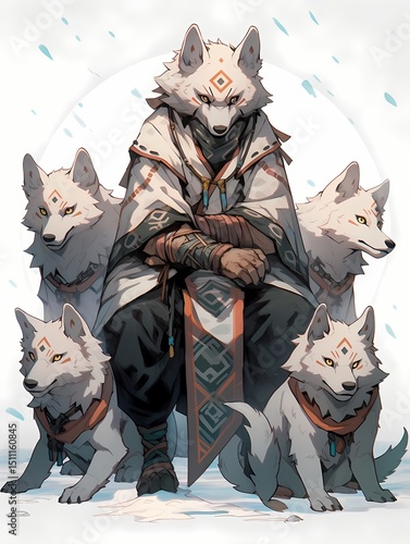 Wolf humanoid fantasy illustration, wolfkin characters, quiet contemplation, piercing yellow eyes.