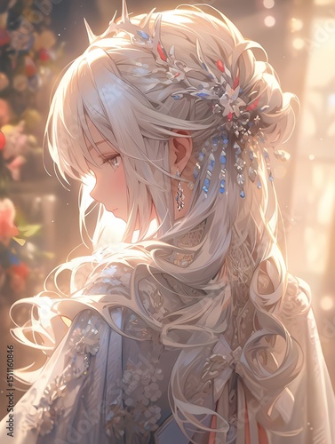Serene female character long silver hair ornate dress
