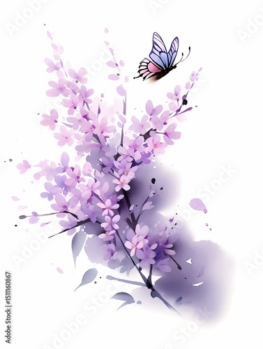 A delicate watercolor illustration of a butterfly perched on a flowering branch against a white background, with soft, dreamy petals and leaves.