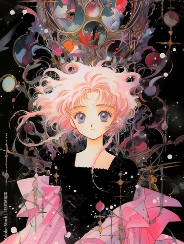 A pink-haired, purple-eyed woman floats in a star-filled sky, surrounded by objects and creatures, in a rich and intricate Japanese manga-inspired illustration.